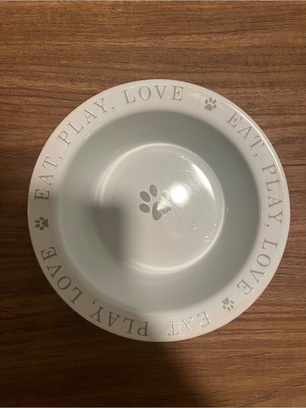 White Pet Bowl with Paw Print and "Eat, Play, Love" Border